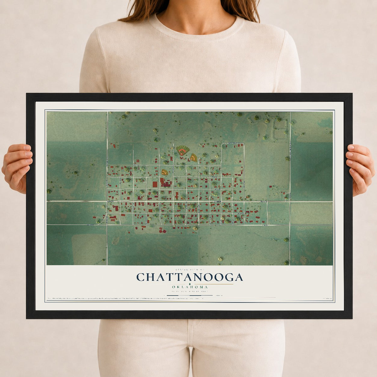 Map of Chattanooga, Oklahoma, 12 x 18 inch print in a black wood frame