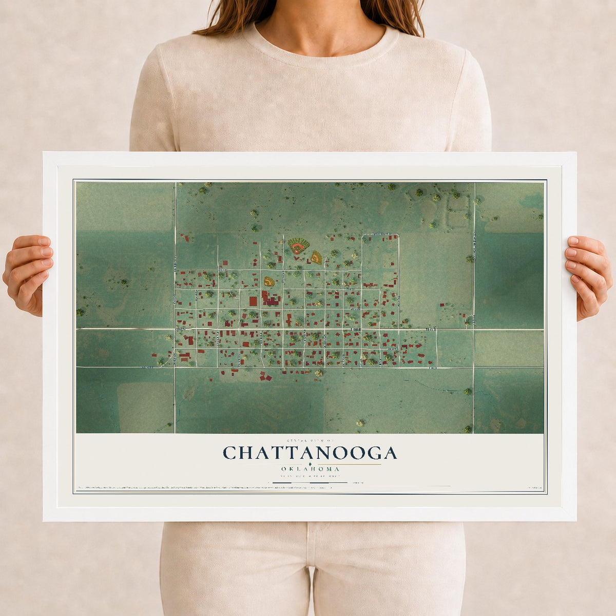 Map of Chattanooga, Oklahoma, 12 x 18 inch print in a white wood frame
