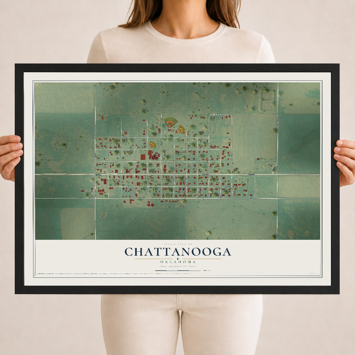 Map of Chattanooga, Oklahoma, 18 x 24 inch print in a black wood frame