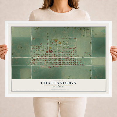 Map of Chattanooga, Oklahoma, 18 x 24 inch print in a white wood frame