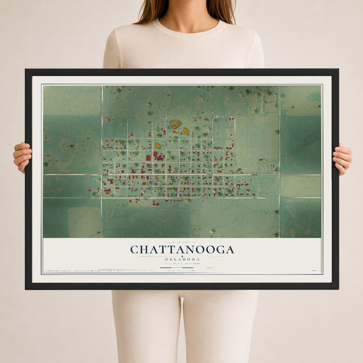 Map of Chattanooga, Oklahoma, 24 x 36 inch print in a black wood frame