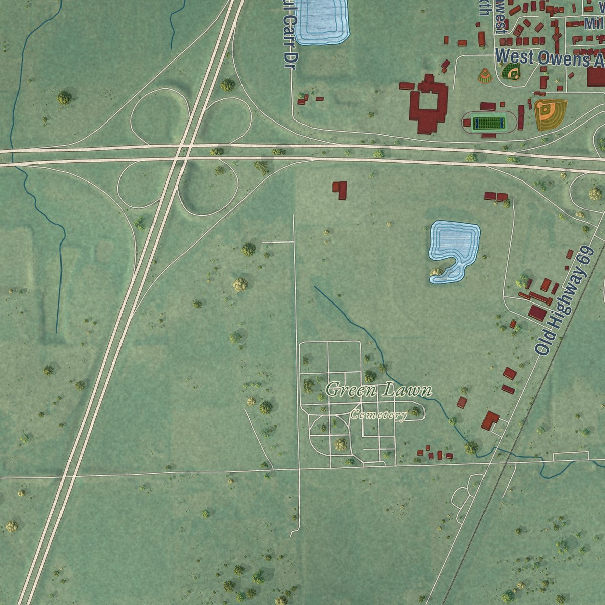 Second close-up of the map of Checotah, Oklahoma print showing more streets and buildings