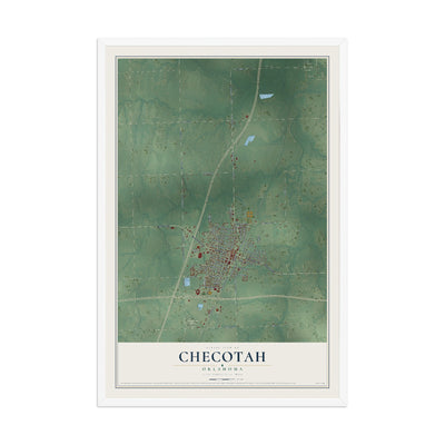 Map of Checotah, Oklahoma, 12 x 18 inch print in a white wood frame