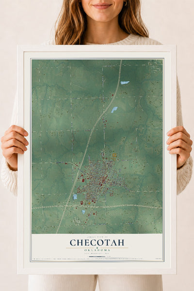 Map of Checotah, Oklahoma, 18 x 24 inch print in a white wood frame