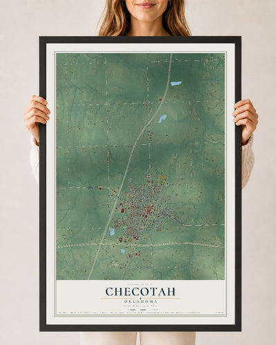Map of Checotah, Oklahoma, 24 x 36 inch print in a black wood frame