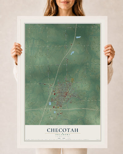 Map of Checotah, Oklahoma, 24 x 36 inch print in a white wood frame