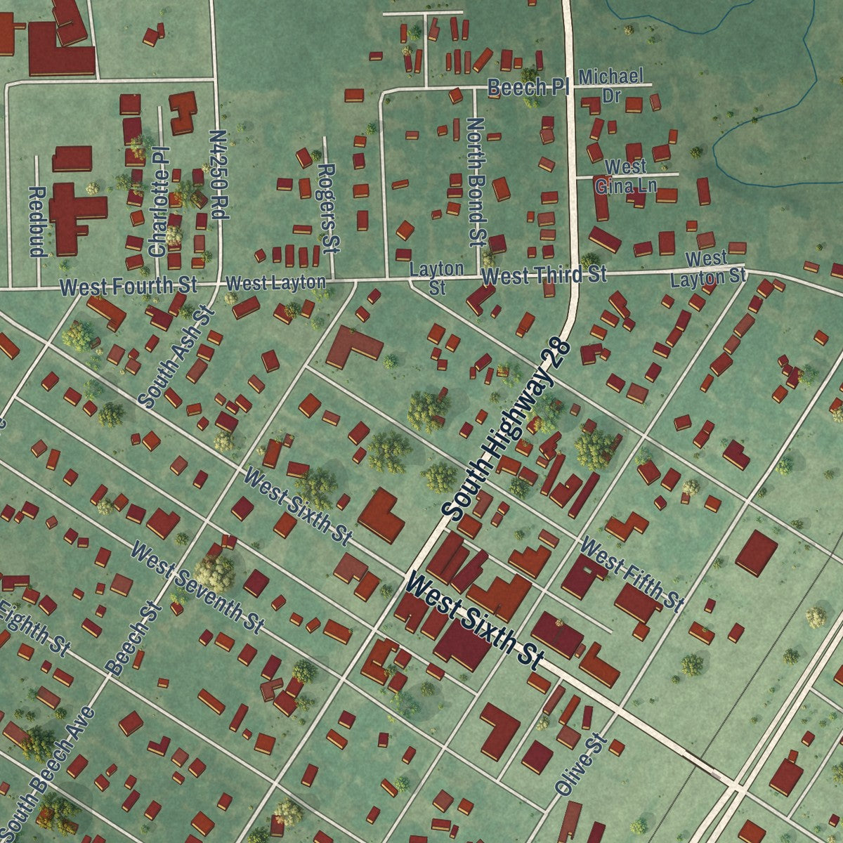 Close-up of the map of Chelsea, Oklahoma print showing street and building detail