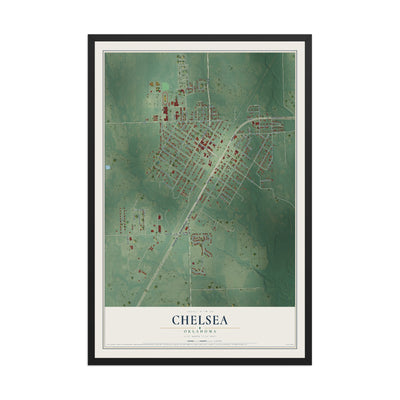 Map of Chelsea, Oklahoma, 12 x 18 inch print in a black wood frame
