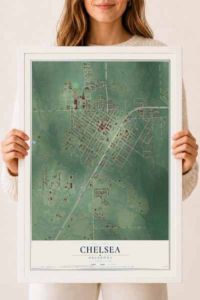 Map of Chelsea, Oklahoma, 18 x 24 inch print in a white wood frame