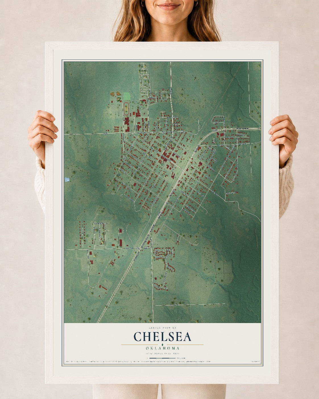 Map of Chelsea, Oklahoma, 24 x 36 inch print in a white wood frame