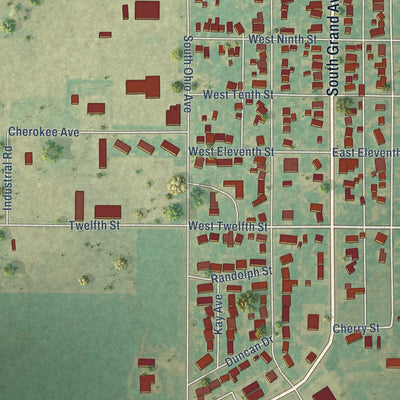 Second close-up of the map of Cherokee, Oklahoma print showing more streets and buildings