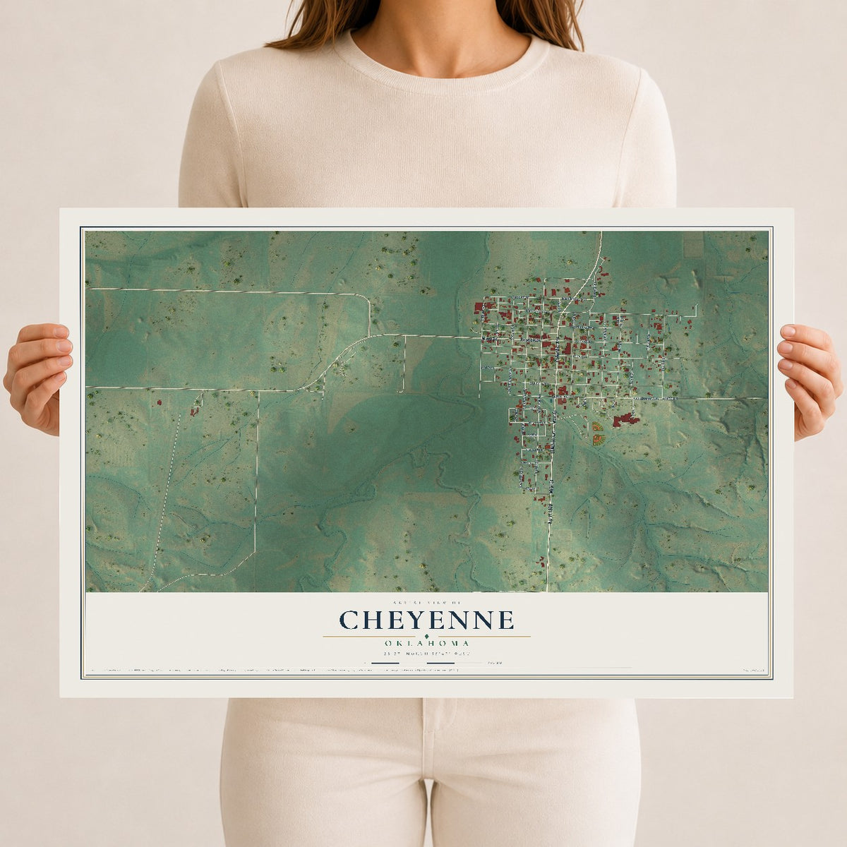 Map of Cheyenne, Oklahoma, 12 x 18 inch unframed archival matte print