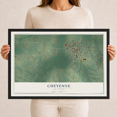 Map of Cheyenne, Oklahoma, 12 x 18 inch print in a black wood frame
