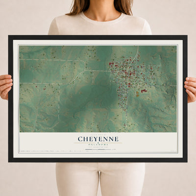 Map of Cheyenne, Oklahoma, 18 x 24 inch print in a black wood frame