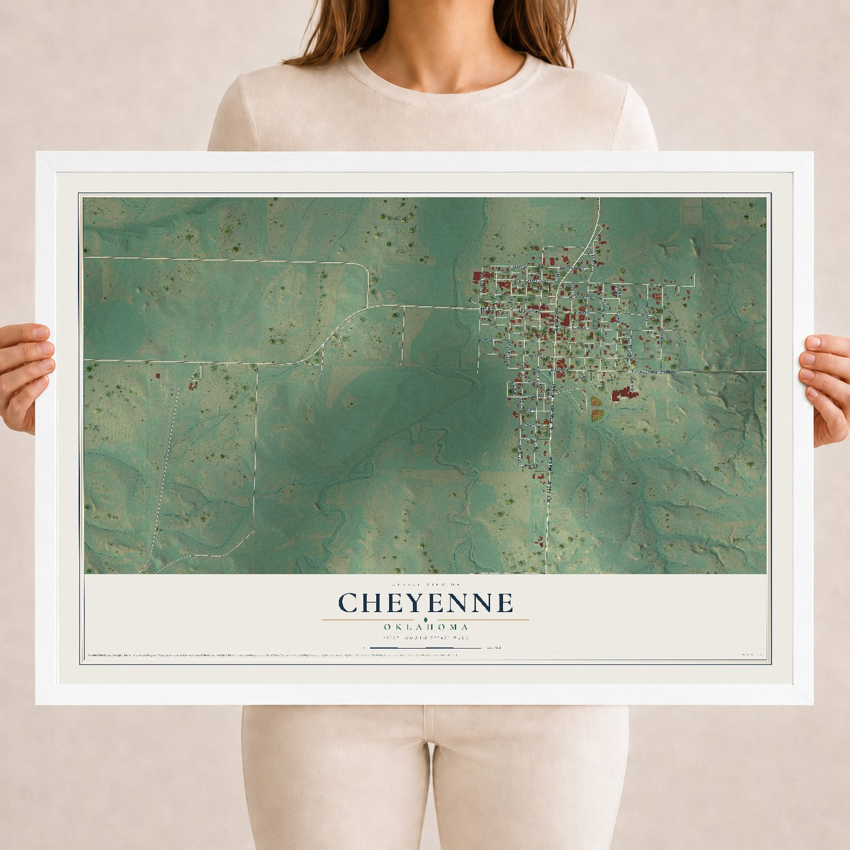 Map of Cheyenne, Oklahoma, 18 x 24 inch print in a white wood frame