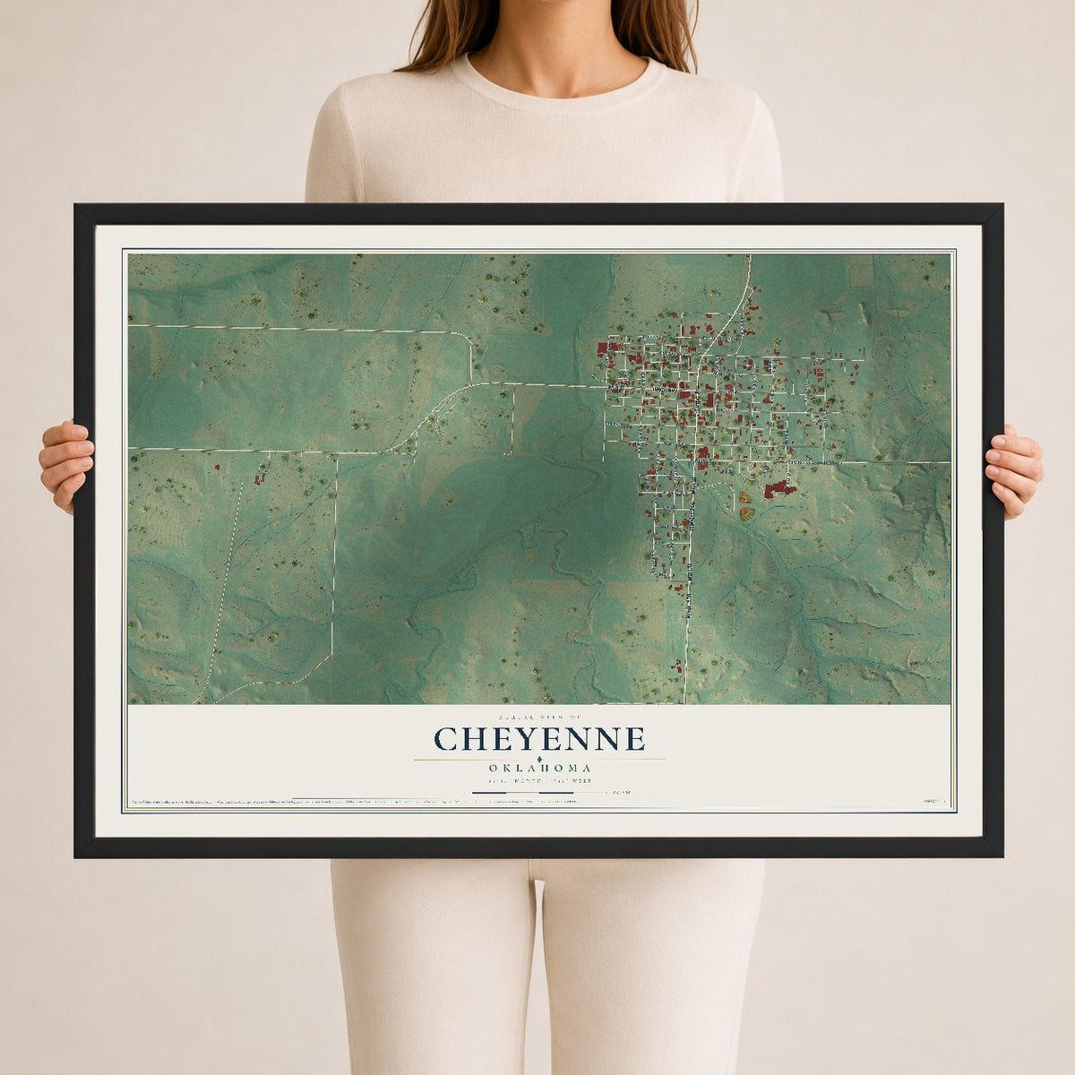 Map of Cheyenne, Oklahoma, 24 x 36 inch print in a black wood frame