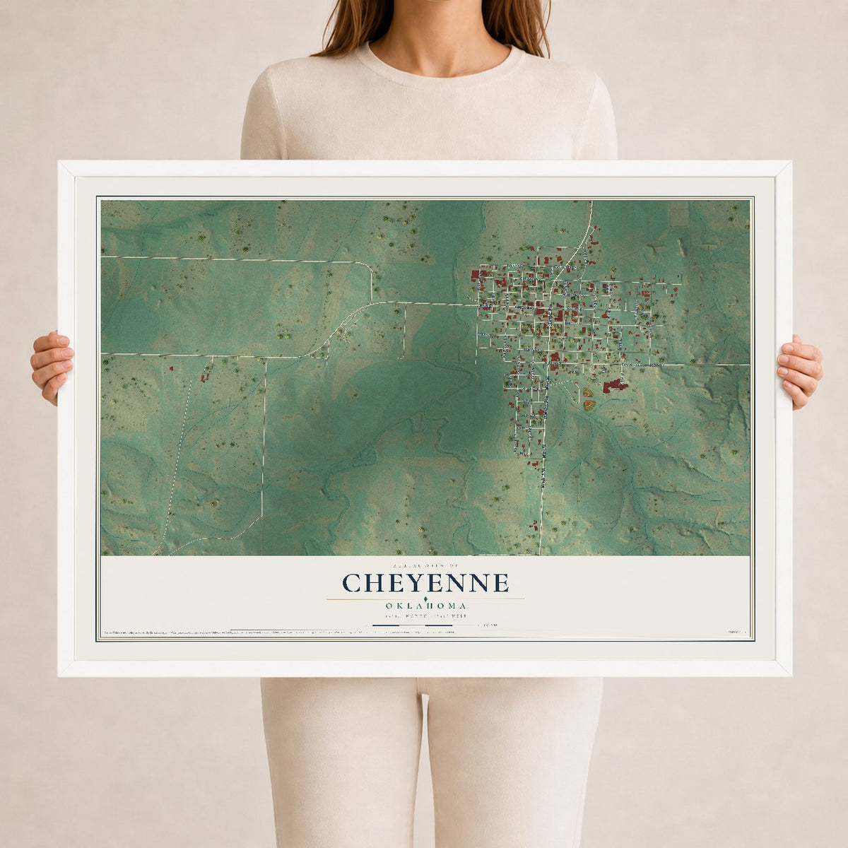 Map of Cheyenne, Oklahoma, 24 x 36 inch print in a white wood frame