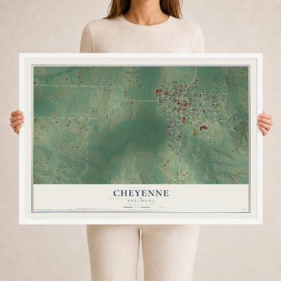 Map of Cheyenne, Oklahoma, 24 x 36 inch print in a white wood frame