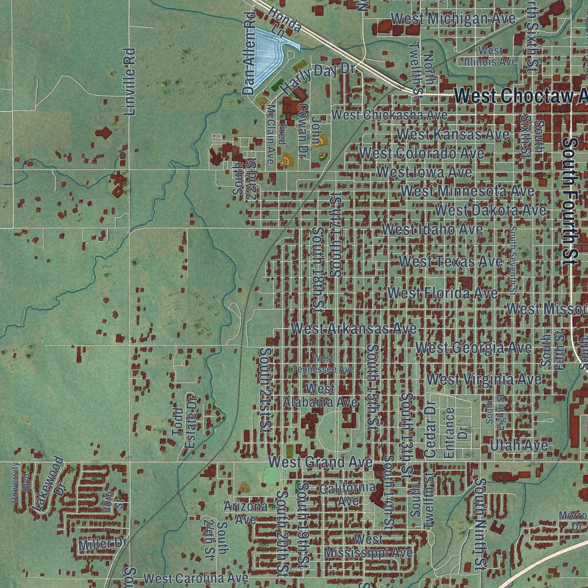 Close-up of the map of Chickasha, Oklahoma print showing street and building detail