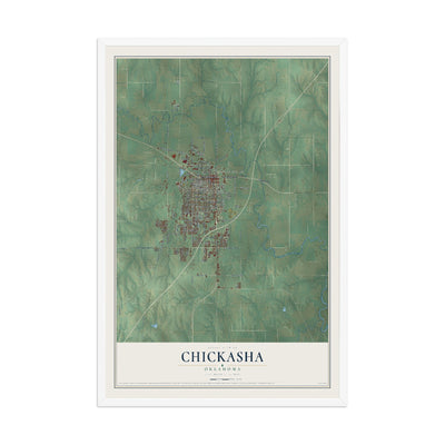 Map of Chickasha, Oklahoma, 12 x 18 inch print in a white wood frame