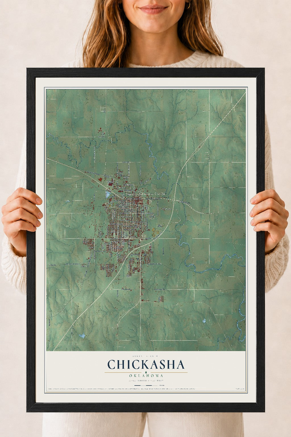 Map of Chickasha, Oklahoma, 18 x 24 inch print in a black wood frame