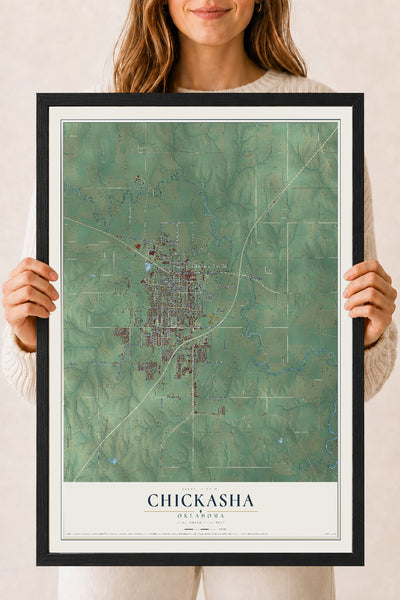 Map of Chickasha, Oklahoma, 18 x 24 inch print in a black wood frame