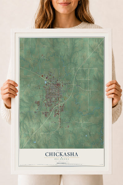 Map of Chickasha, Oklahoma, 18 x 24 inch print in a white wood frame