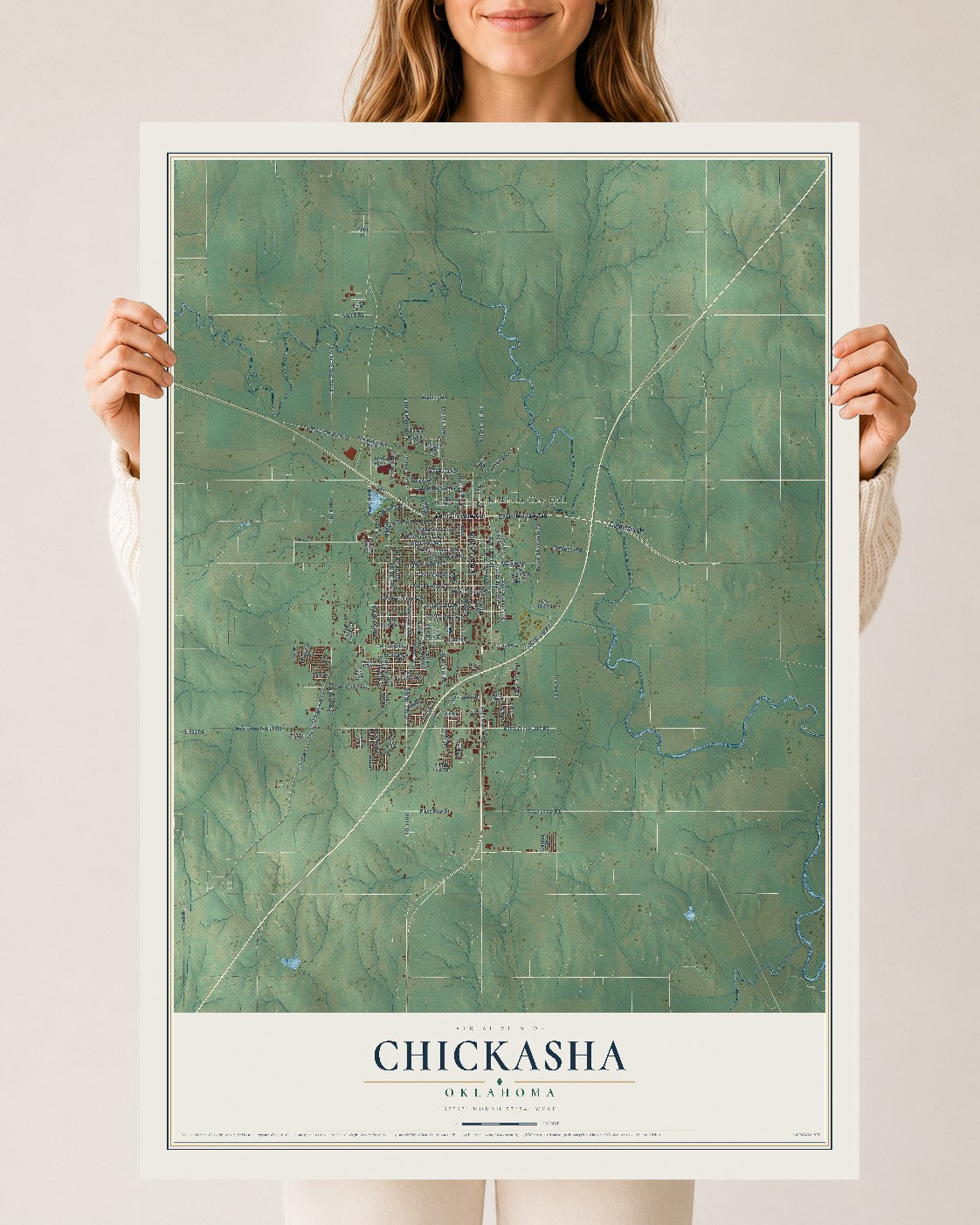 Map of Chickasha, Oklahoma, 24 x 36 inch unframed archival matte print