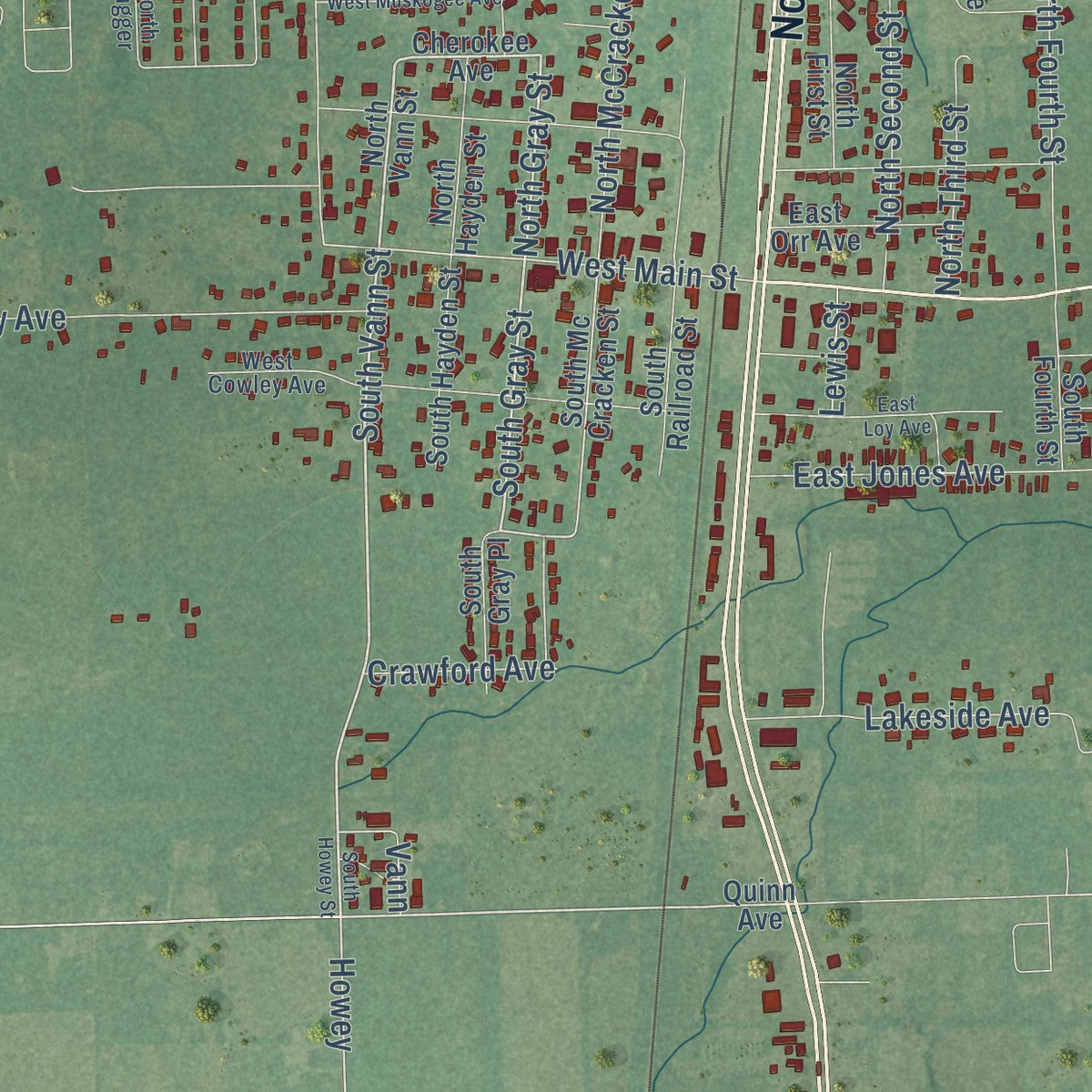 Close-up of the map of Chouteau, Oklahoma print showing street and building detail