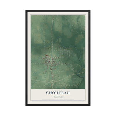 Map of Chouteau, Oklahoma, 12 x 18 inch print in a black wood frame