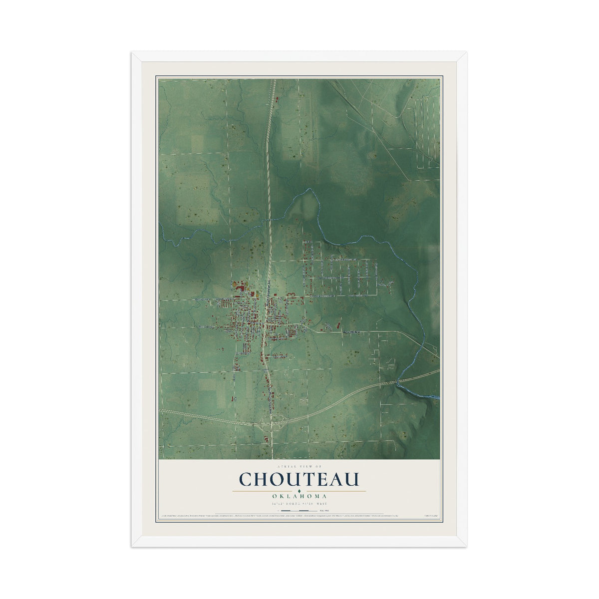 Map of Chouteau, Oklahoma, 12 x 18 inch print in a white wood frame