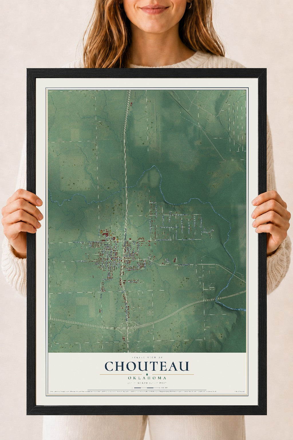 Map of Chouteau, Oklahoma, 18 x 24 inch print in a black wood frame