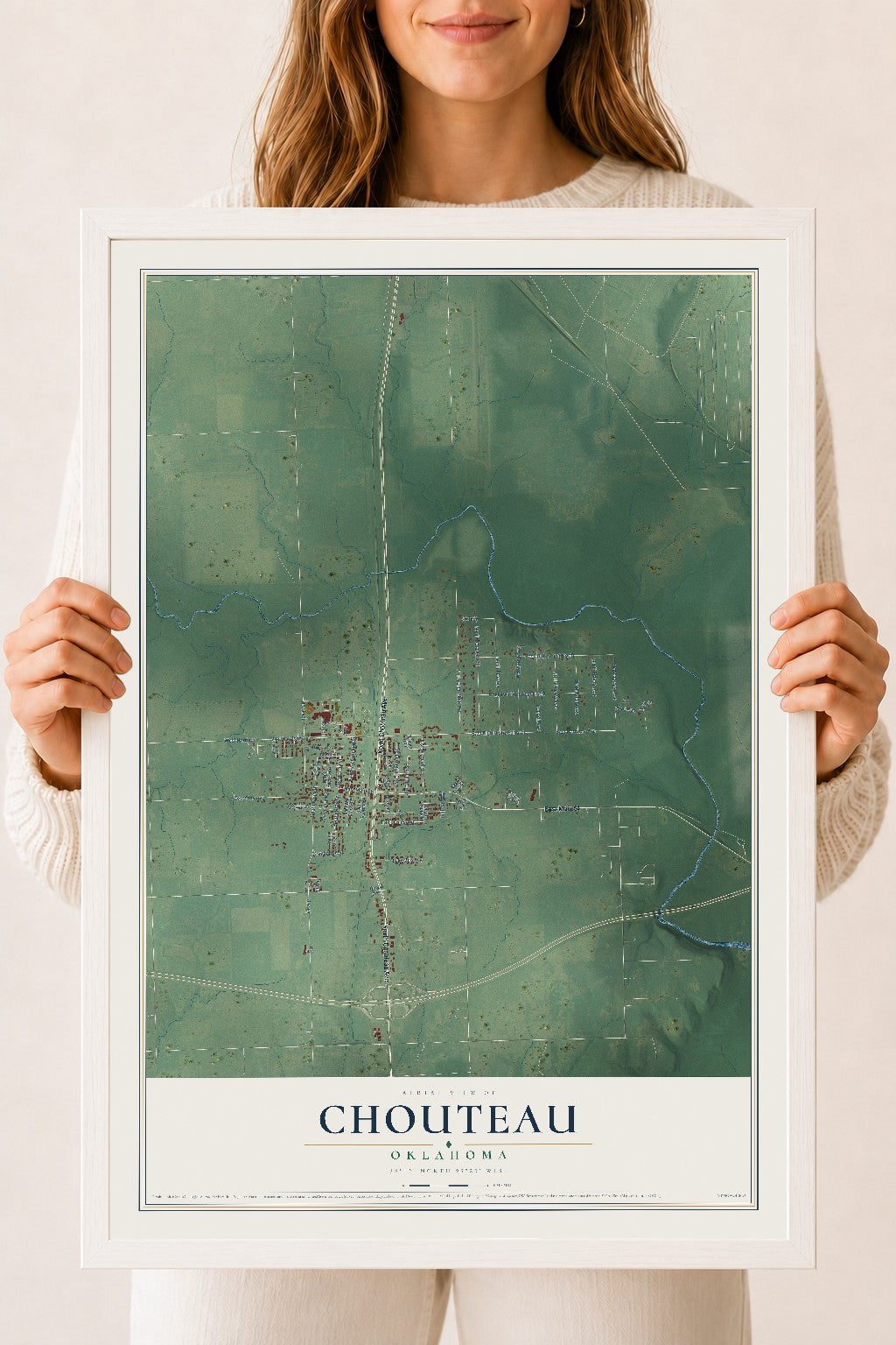 Map of Chouteau, Oklahoma, 18 x 24 inch print in a white wood frame