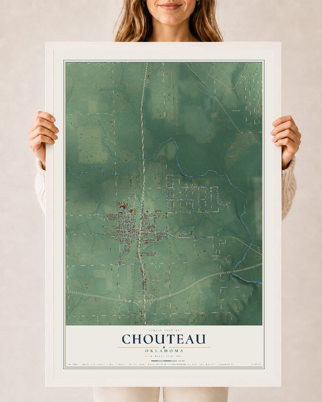 Map of Chouteau, Oklahoma, 24 x 36 inch print in a white wood frame