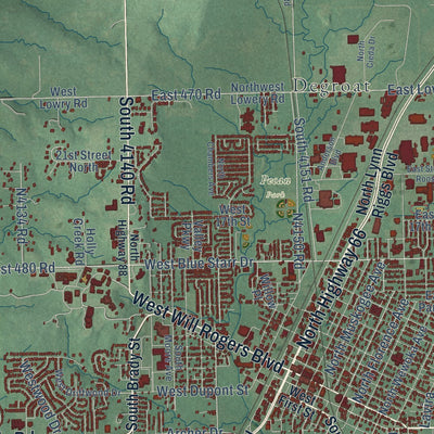 Close-up of the map of Claremore, Oklahoma print showing street and building detail