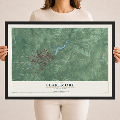 Map of Claremore, Oklahoma, 18 x 24 inch print in a black wood frame