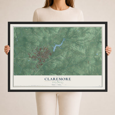 Map of Claremore, Oklahoma, 24 x 36 inch print in a black wood frame