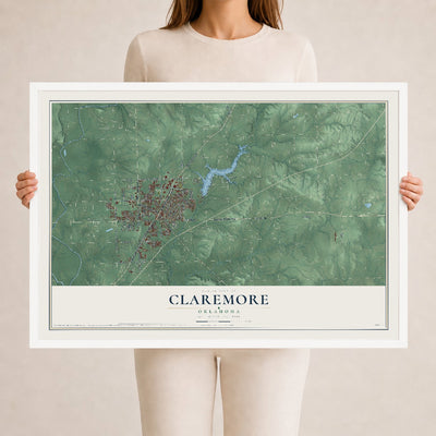Map of Claremore, Oklahoma, 24 x 36 inch print in a white wood frame