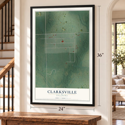 Clarksville, Oklahoma map, 24 x 36 inch print in a black frame by a staircase