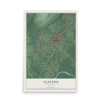 Map of Clayton, Oklahoma, 12 x 18 inch unframed archival matte print