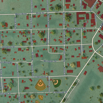 Close-up of the map of Clayton, Oklahoma print showing street and building detail