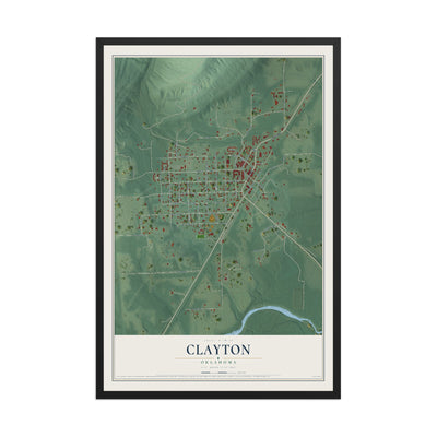Map of Clayton, Oklahoma, 12 x 18 inch print in a black wood frame