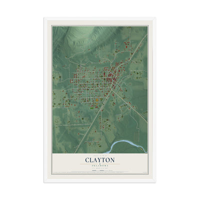 Map of Clayton, Oklahoma, 12 x 18 inch print in a white wood frame
