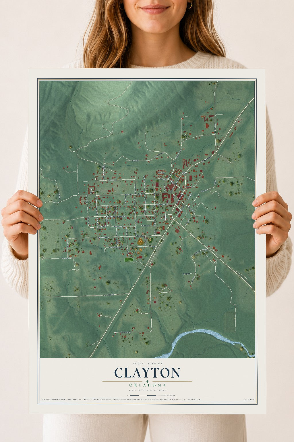 Map of Clayton, Oklahoma, 18 x 24 inch unframed archival matte print