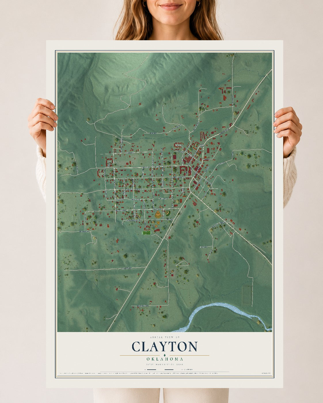 Map of Clayton, Oklahoma, 24 x 36 inch unframed archival matte print