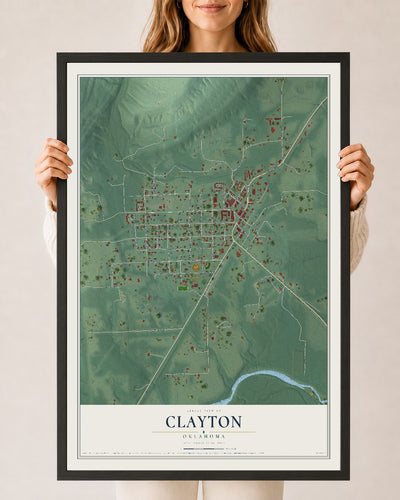 Map of Clayton, Oklahoma, 24 x 36 inch print in a black wood frame
