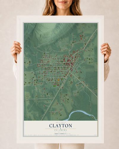 Map of Clayton, Oklahoma, 24 x 36 inch print in a white wood frame