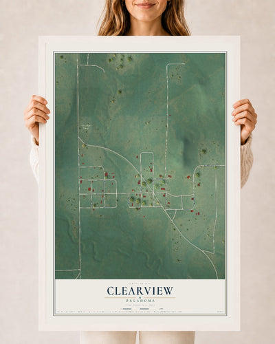 Map of Clearview, Oklahoma, 24 x 36 inch print in a white wood frame