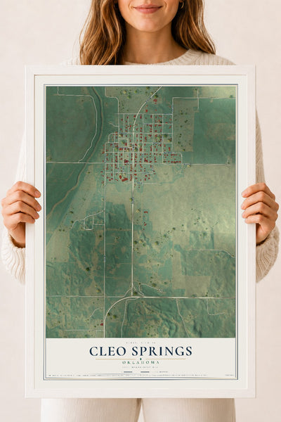 Map of Cleo Springs, Oklahoma, 18 x 24 inch print in a white wood frame