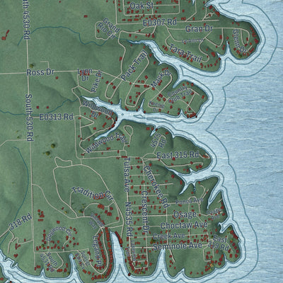 Second close-up of the map of Cleora, Oklahoma print showing more streets and buildings